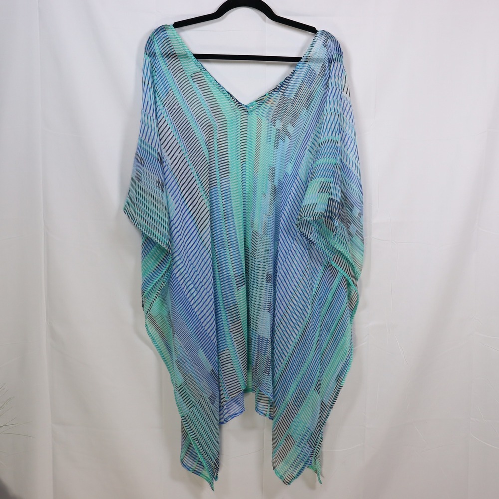 Echo Blue Green Striped Sheer Kaftan Swim Cover Up One Size